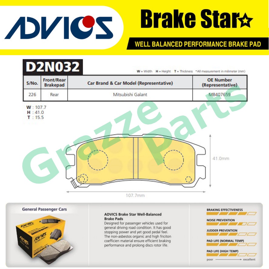 Advics Aisin เบรค Star Disc เบรค Pad ด้านหลัง D2N032TE สําหรับ Proton Perdana 2.0 V6 Putra 1.8