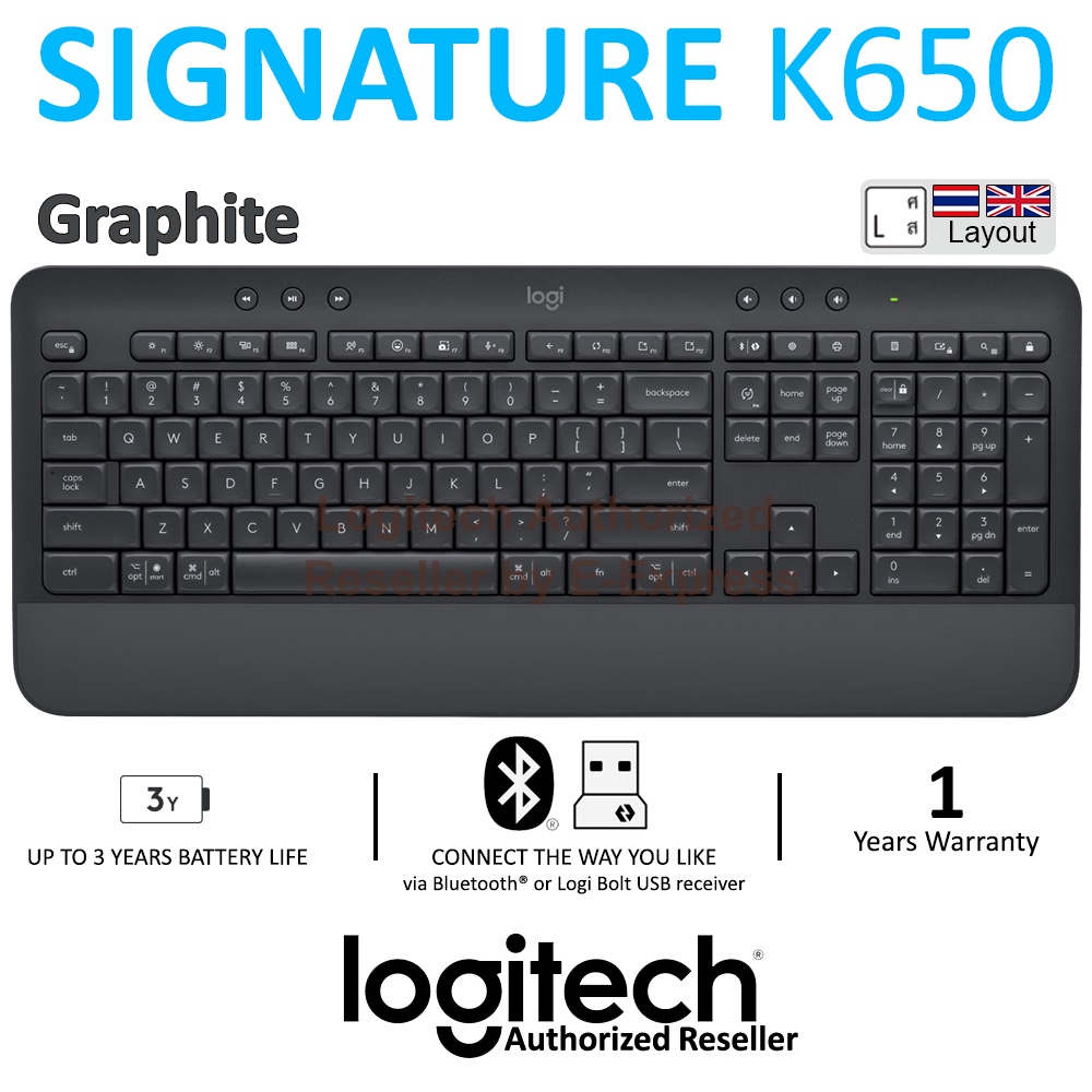 Logitech K650 Signature Wireless Comfort Keyboard TH/EN (Graphite) คีย์บอร์ดแป้นไทย/อังกฤษ ของแท้ ปร