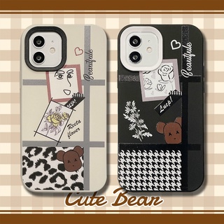 2 in 1 เคสโทรศัพท์มือถือ ซิลิโคนนุ่ม หนา ลายหมี ดอกไม้ ฟันสุนัข สีดํา สําหรับ iphone 14 6s 7 8 plus XR 11 12 13 pro max