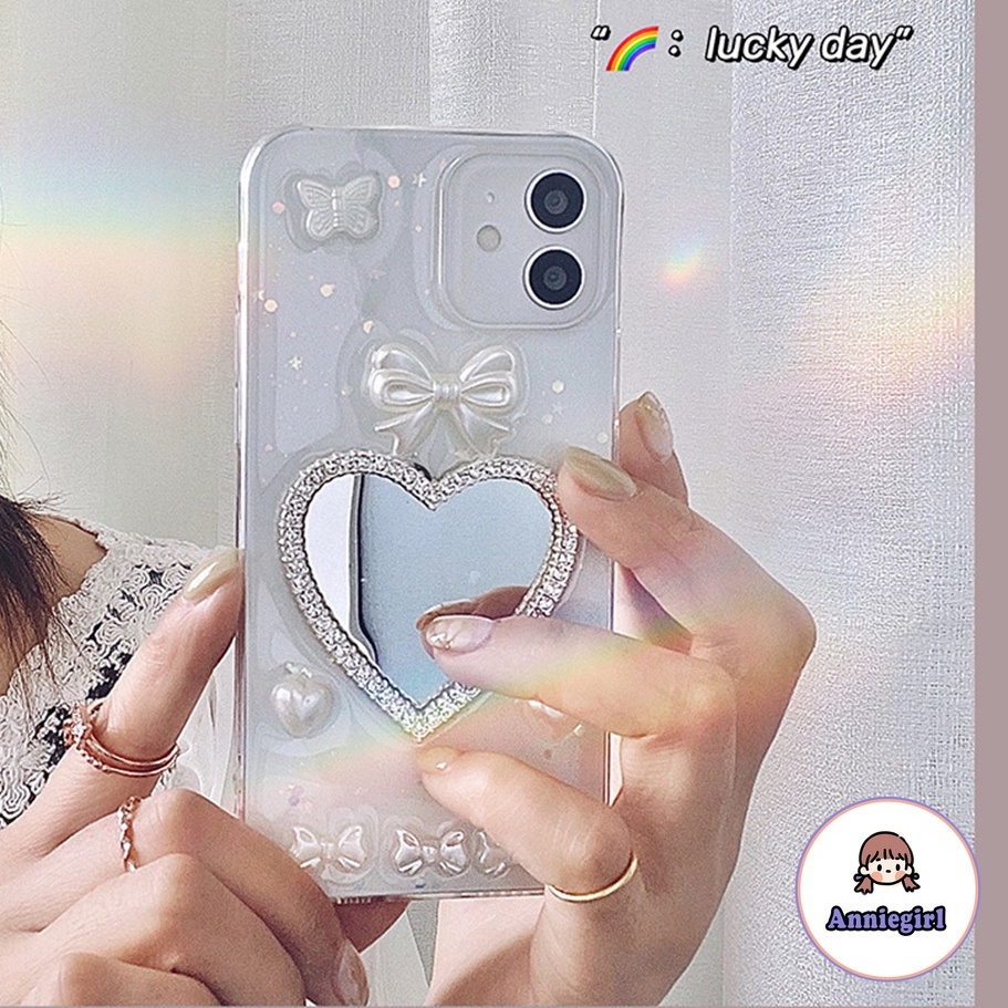 เคสโทรศัพท์มือถือ TPU แบบนิ่ม ป้องกันรอยขีดข่วน ประดับโบว์ และกระจก สไตล์เกาหลี สําหรับ IPhone 11 14 15 Pro Max 13 12 Pro Max 8 7 Plus