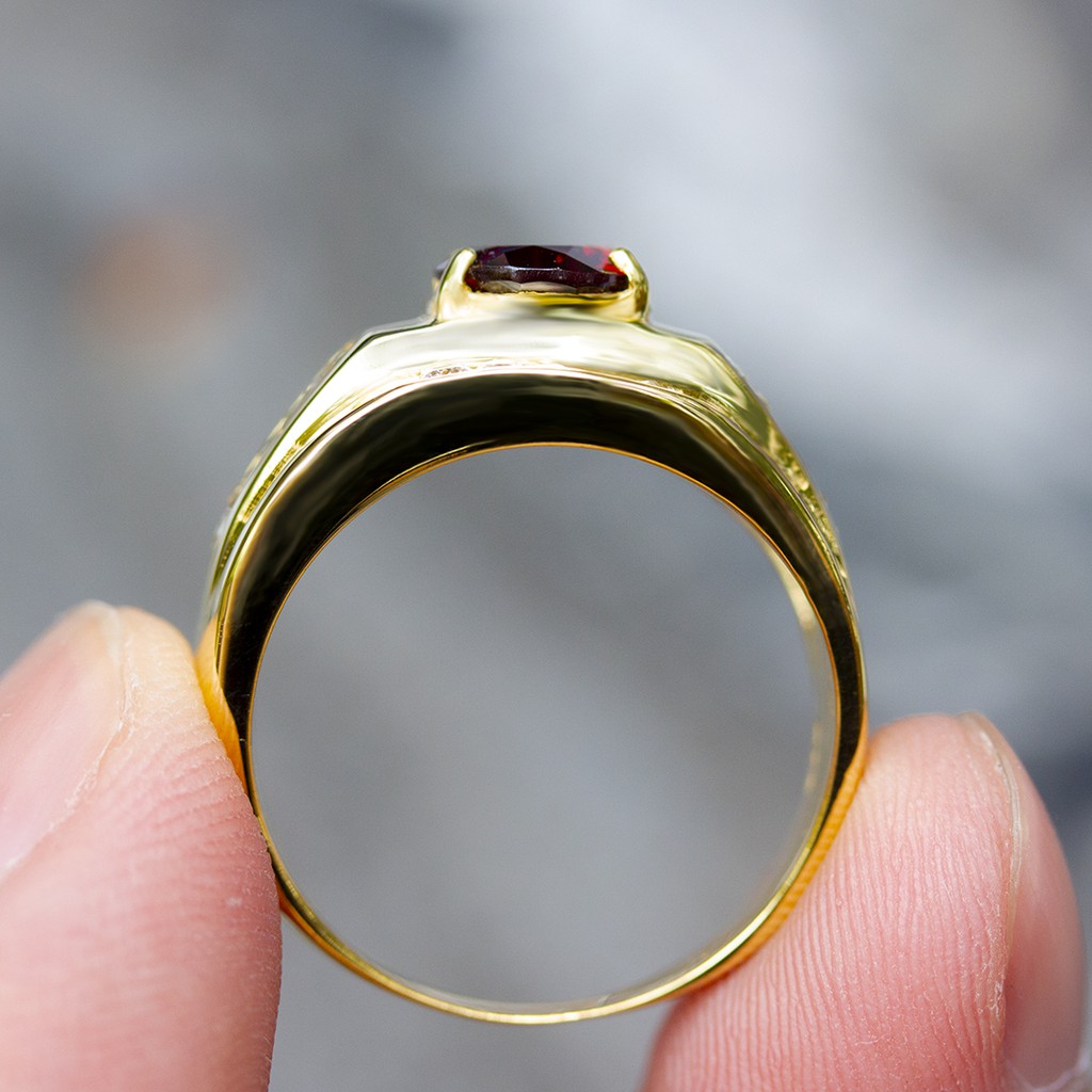 แหวนพลอยโกเมนจันทบุรี (Garnet) เรือนเงินแท้92.5%ชุบทองคำ 24K สไตส์โบราณ พลอยสีแดงอมน้ำตาล เนื้อใส ไซส์นิ้ว 60 เบอร์ 9 US