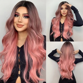 Long Ombre Pink Synthetic Wigs for Women Middle Part Wavy Cosplay Wigs Natural Hair Wig Heat Resistant Pink Red Wig