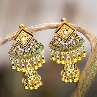 Boho อินเดีย Jhumka ยาว กระดิ่งขนาดเล็ก พู่ต่างหู สําหรับผู้หญิง ทอง ดอกไม้ แกะสลัก โลหะผสม ห้อย ต่างหู ยิปซี เครื่องประดับ