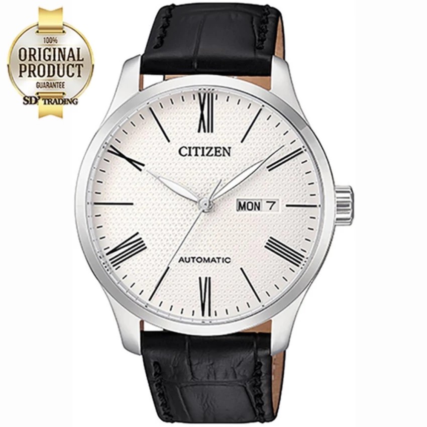 CITIZEN Men's Automatic Day-Date Watch รุ่น NH8350-08A - Silver/Cream สายหนัง Black ตัวเลขโรมัน