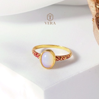 T vera - เครื่องประดับพลอยแท้ แหวนลงยาสีแดงฝังโอปอล Handcrafted เงินแท้ชุบทอง 22k