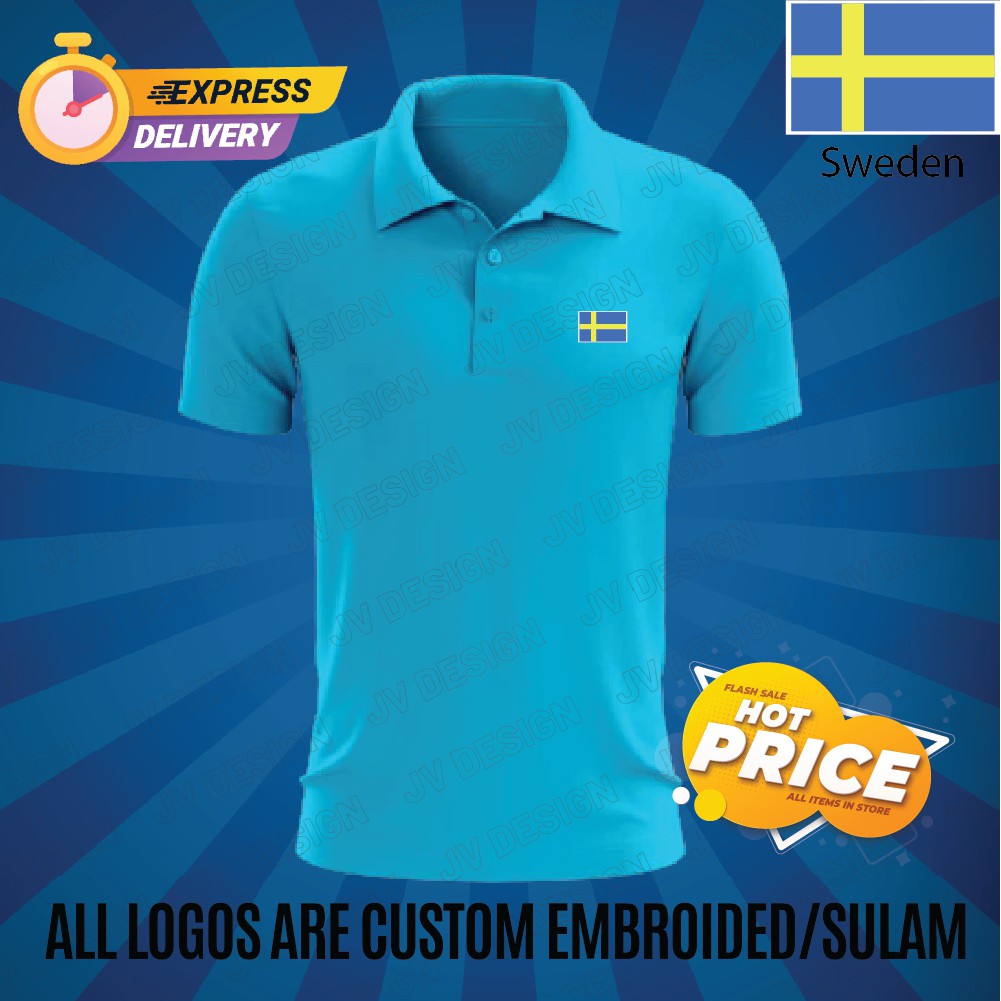 HEBAT🔥 [SULAM] SWEDEN FLAG LOGO POLO EMBROIDERY BAJU LELAKI PEREMPUAN POLO TEE!! ผ้าฝ้าย 100%