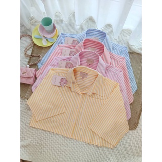 Mariacloset ครอปเชิ้ตแขนสั้น ผ้าcotton ลายริ้ว T-Shirtnista