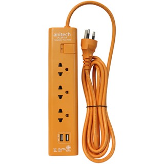 Anitech H5133-OR 3 Socket 1 Switch 2 USB Power Strip Orange