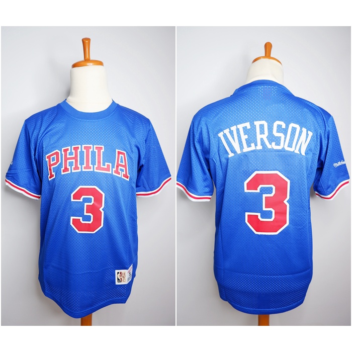 BASKETBALL JERSEY SLEEVE JERSEY PHILA 3 ALLEN IVERSON BLUE MITCHELL&NESS