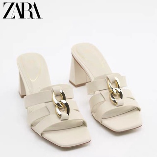 Zara รองเท้าส้นสูง พื้นหนา แต่งหัวเข็มขัด สีทอง สีเบจ แฟชั่นฤดูร้อน สําหรับผู้หญิง 2022