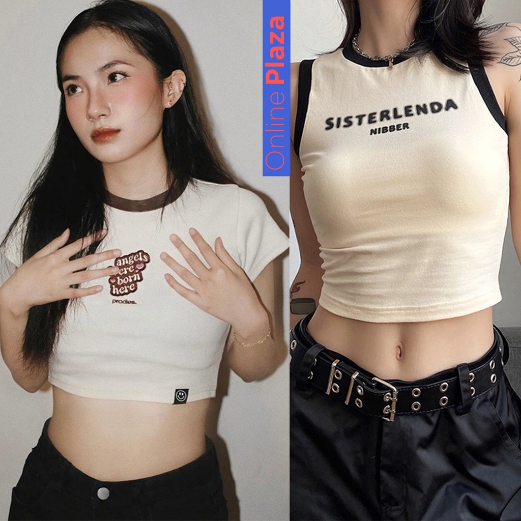 Molly เสื้อแขนสั้น/แขนกุด เอวลอย สีครีมน้ำตาล โทนสีสวยผ้าดีตรงปก Tank Top, CropTop