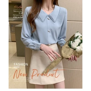 พร้อมส่งจากไทย แฟชั่น เสื้อเชิ้ตสีน้ำเงินผ้าชีฟอง มีปก เสื้อแขนยาวทำงานผู้หญิง ลดอายุ