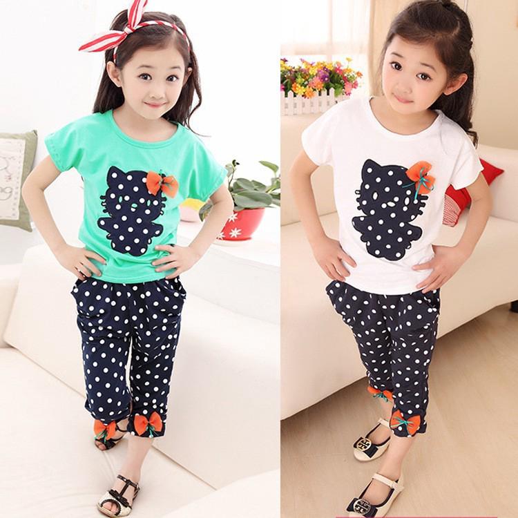 เสื้อผ้าเด็กผู้หญิง เสื้อผ้าเด็ก Set Pattern Short sleeved Shirt+Pants Set wear Cotton