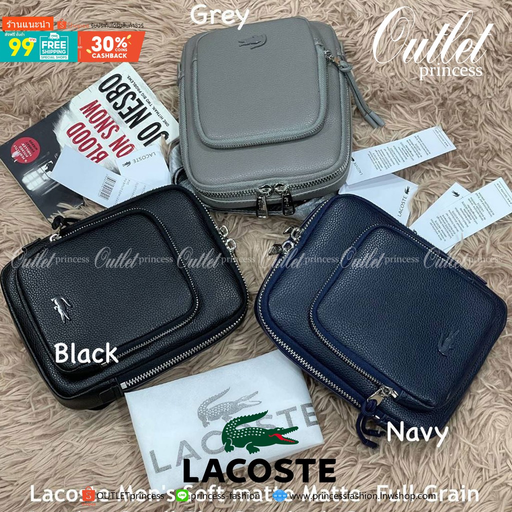 ของแท้ 💯% Lacoste Men's Soft matte Matte Full-Grain Leather Small Flat Crossbody Bag