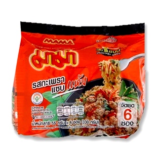 มาม่า บะหมี่กึ่งสำเร็จรูป รสกะเพราแซบแห้ง 55 กรัม x 6 ซอง Mama Instant Noodle Spicy Basil Stir-Fried 55 g x 6 bags