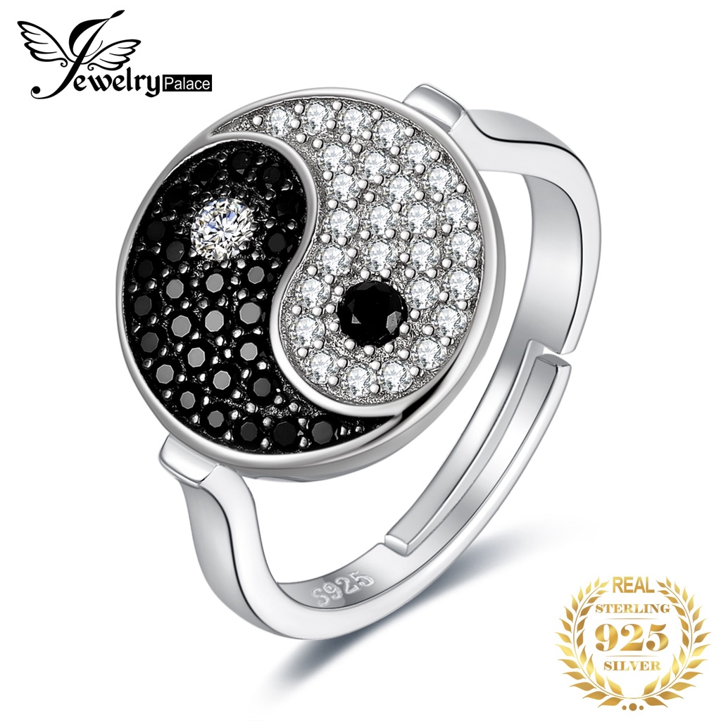 JewelryPalace Tai Chi Yin Yang 925 Sterling Silver Adjustable Ring Unique Black Spinel Statement Ope