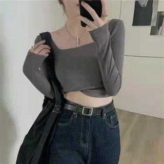 J &amp; M❤️Ready stock Women crop top pure color long sleeve square neck top