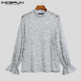 Incerun เสื้อลําลองสําหรับผู้ชายผ้า See-Through แขนยาวปักลายลูกไม้มี 2 สี