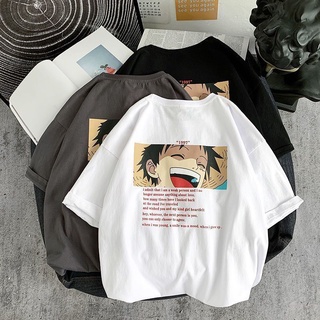 【ผ้าฝ้ายแท้】อะนิเมะ One Piece แขนสั้นผู้ชายเสื้อยืดสไตล์เกาหลีของฤดูร้อนแนวโน้มหลวมแขนห้าจุดฮ่องกง เสื้อครึ่งแขนสไตล์ออล