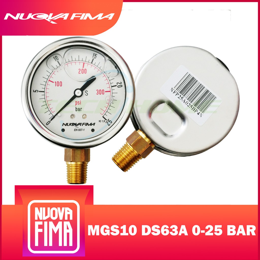 "NUOVA FIMA" PRESSURE GAUGE 2.5" 0-25 BAR (300PSI) | เกจวัดแรงดัน หน้าปัด 2.5" เกลียวทองเหลืองออกล่า