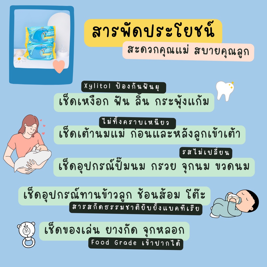 ผ้าเช็ดลิ้นเด็กทารก 0M+ ผ้าเช็ดฟัน Oh Whale Baby Xylitol & Citrofresh ใช้แทนผ้าก๊อซ Food Grade รูปที่ 6