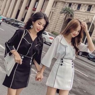 Fashion Set เสื้อแขนยาว แต่งปก กุ๊นขอบ มาคู่กระโปรง แต่งกระดุม แต่งกุ๊น ผ้าโฟร์เวย์