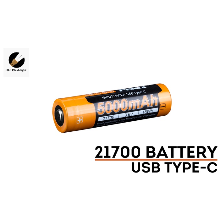 ถ่านไฟฉาย FENIX ARB-L21-5000U (ศูนย์ไทย) ขนาด 5000 mAh ชาร์จไฟใหม่ผ่านพอร์ต USB-C ในตัว (ไม่ต้องใช้เ