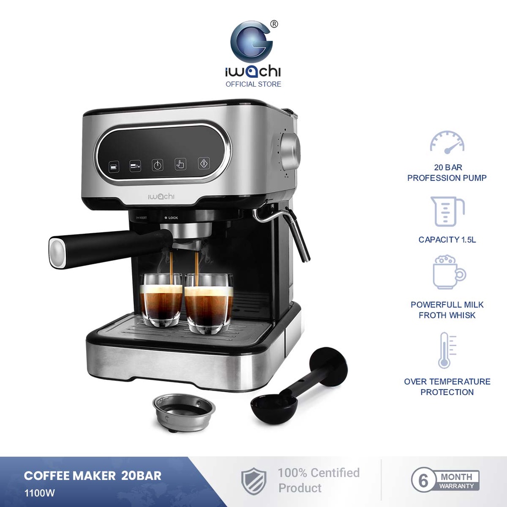 IWACHI Coffee Maker เครื่องชงกาแฟ 20 BAR 1.5L กำลังไฟ 1100 วัตต์ สำหรับทำกาแฟและเครื่องดื่ม