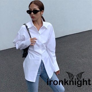 Ironknight- เสื้อเชิ้ตแขนยาว คอปก ทรงสลิมฟิต สีพื้น สําหรับผู้หญิง