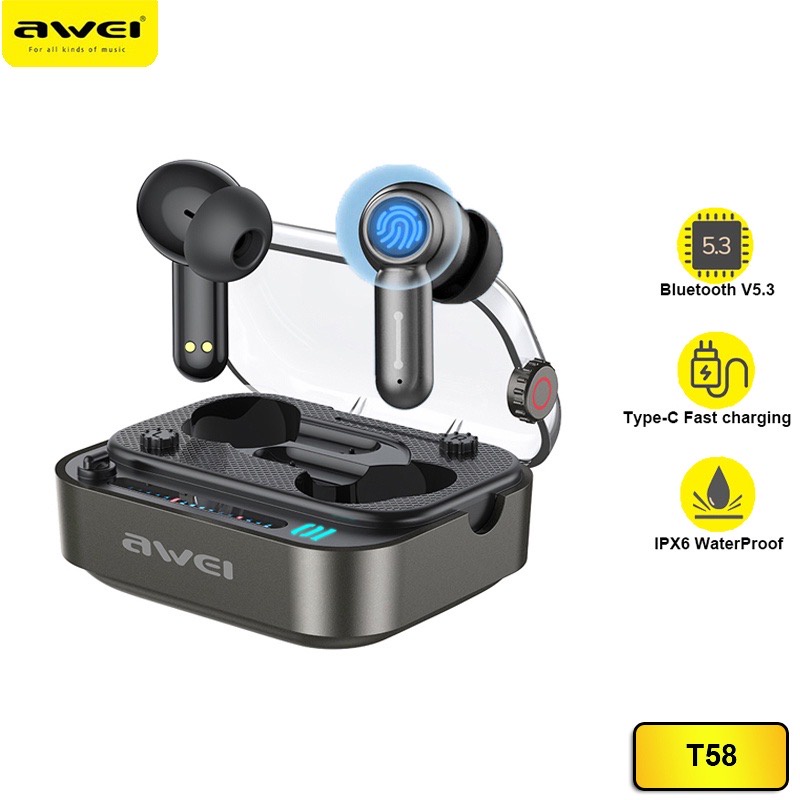 Awei T58 Tws หูฟังบลูทูธไร้สาย ระบบสัมผัส กล่องไฟLED เวอร์ชั่น5.3 กันน้ำIPX6 สําหรับเล่นเกม เล่นกีฬา