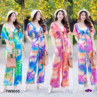 ชุดเซท เสื้อผูกเอว + กางเกงขายาว ผ้ามัดย้อม เสื้อผ้าแฟชั่น สีสันสดใส ชุดไปทะเล 9055
