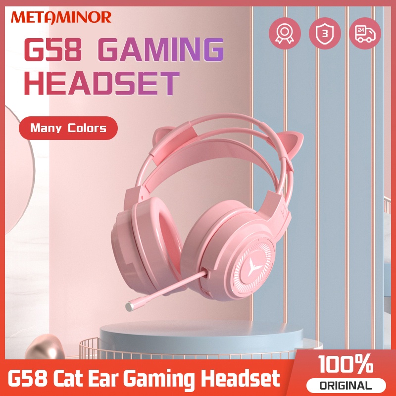หูแมว G58 หูฟังสําหรับเล่นเกม LED Gaming Noise Cancelling ชุดหูฟังแบบมีสาย 3.5 มม.พร้อมไมโครโฟนน่ารัก