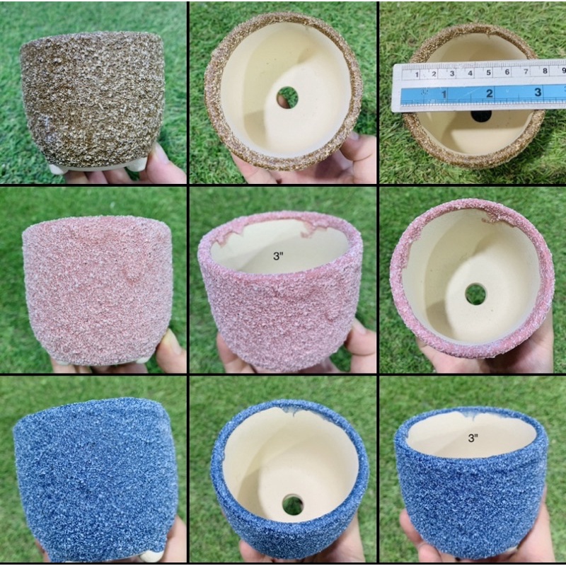พร้อมส่ง🌈กระถางปลูกต้นไม้/แคคตัส/ไม้อวบน้ำต่างๆ ขนาด 3 นิ้ว ทรงกลม งานทรายนูน สีสันสวยงาม