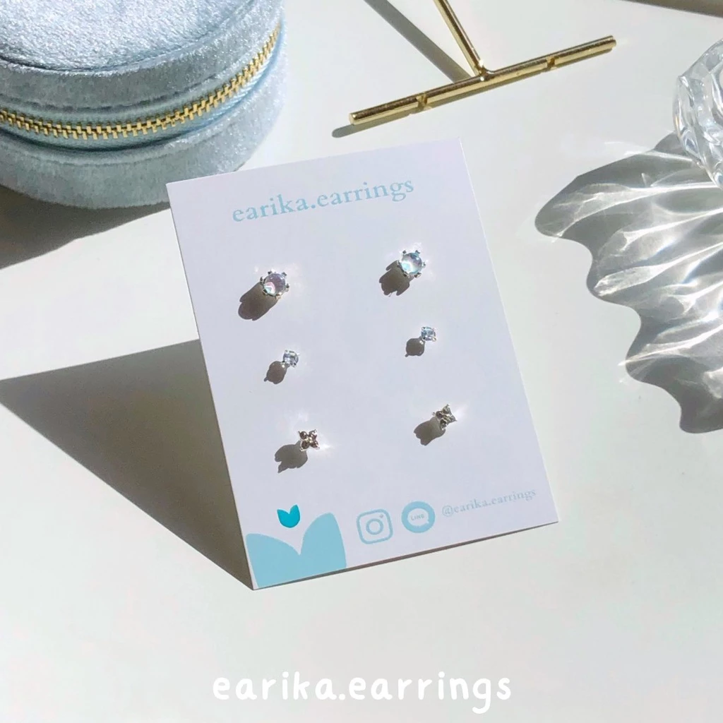 earika.earrings - mini hologram round set เซ็ตต่างหูโฮโลแกรมก้านเงินแท้ชุบทองคำขาว ผิวแพ้ง่ายใส่ได้