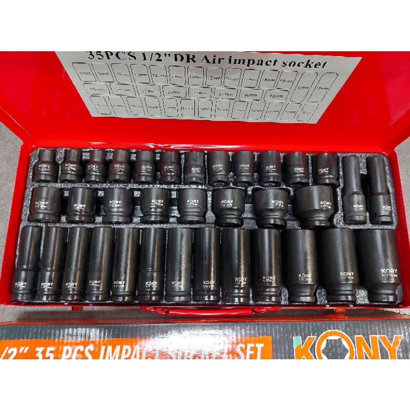KONY ชุดลูกบล็อกดำ 1/2" 35 ชิ้น- ใช้ได้ทั้งกับบล็อกลมและมือขัน บล็อกแบตไร้สาย- มีครบ ๆ ทั้งลูกบล็อกยาวและสั้น