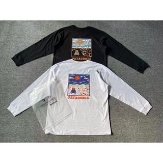 ใหม่เสื้อคู่ผ้าฝ้ายแขนยาวพิมพ์ลาย Patagonia American Retro Pata Back Sunset ผ้าฝ้าย