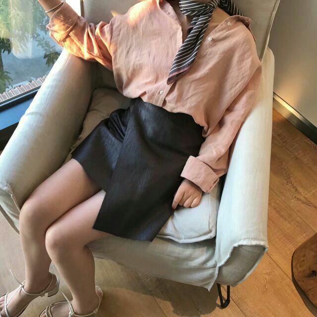 Linen long sleeve shirt : pink/white/brown strip