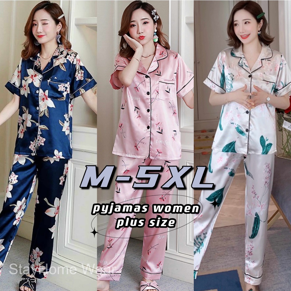 M-5XL ชุดนอนคนอ้วน ชุดนอนไซส์ใหญ่ ชุดนอนไซส์ใหญ่คนอ้วน ลายดอกไม้แขนสั้นพลัสขนาดผู้หญิงซาตินพิมพ์ผ้าไ