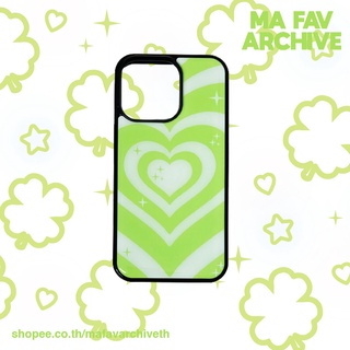 (pre-order เกาหลี) mafavarchive - GREEN cotton candy epoxy case เคสคลุมรอบเครื่องขอบซิลิโคนดำ ลายหัวใจกลิตเตอร์ สีเขียว