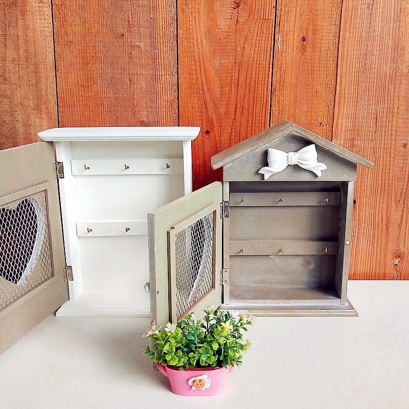 WallMounted Retro HeartShaped Hanging Wooden Storage Box Key Hook