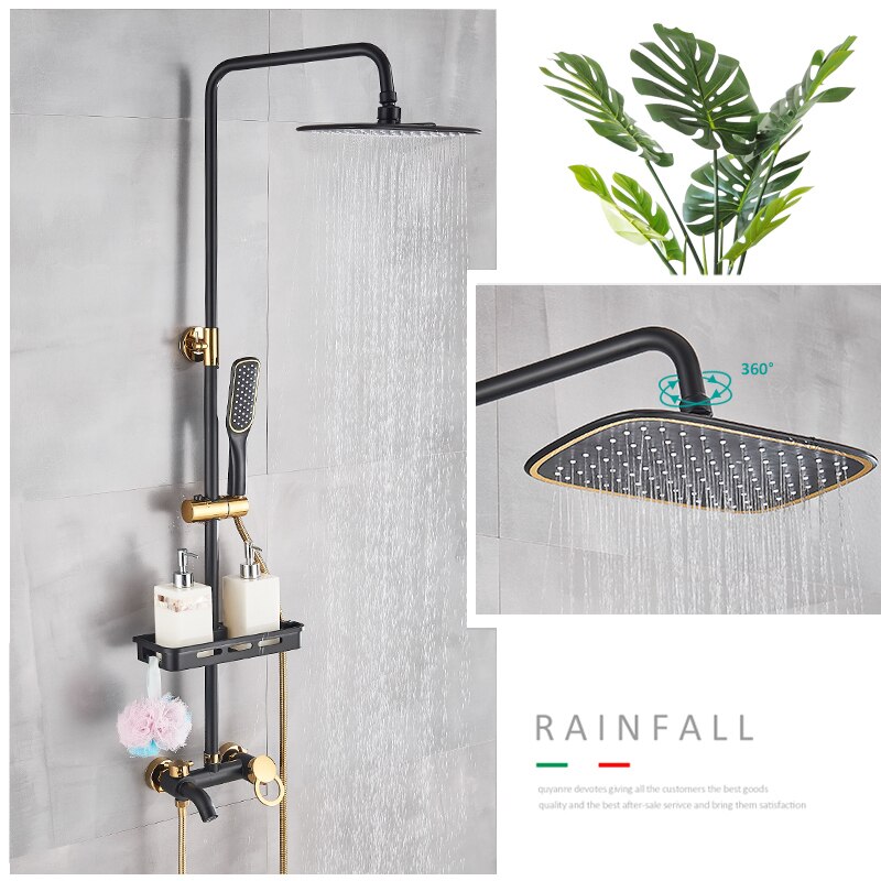 Quyanre Matte Black Gold Shower Faucet Set Bathroom Rainfall Shower