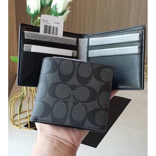 (ผ่อน0%) กระเป๋าสตางค์ชาย🌺Coach🌺DOUBLE BILLFOLD WALLET IN SIGNATURE🍀F75083 ลายซี สีเทาดำ แบบบาง ไม่มีไส้