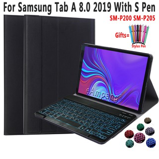 สำหรับ Samsung Galaxy Tab A 8.0 S Pen 2019 P200 P205 พร้อมแป้นพิมพ์ภาษาไทยแบบย้อนแสง 7 แสง ที่ถอดออกได้บลูทู ธ หนัง PU ฝาครอบ