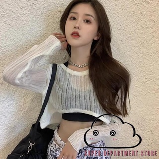 ❀GR♣Women Summer Bikini Cover Up Long Sleeve Round Neck Cutout Sheer Knitted Cropped Tops Beachwear