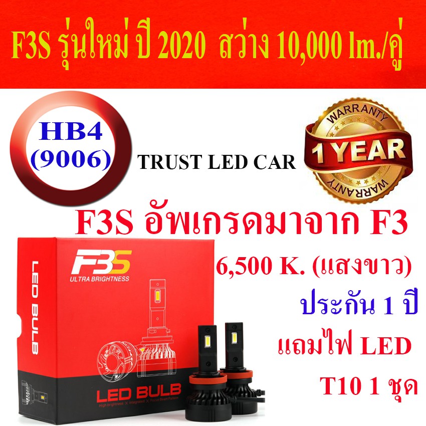 ไฟหน้ารถยนต์ LED รุ่นF3S อัพเกรดจาก F3 ขั้ว HB4 (9006) สว่าง 10,000 LM. ประกัน 1ปี แถมไฟหรี่LED T1O 