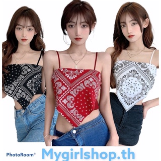 MYGIRLSHOP.TH👑👑เสื้อสายเดี่ยวทรงสามเหลี่ยม ลายสุดเก๋ สายเดี่ยววินเทจ#พร้อมส่ง32036