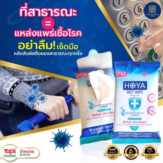 (X3แพ็ค) โฮญ่า ทิชชู่เปียก สูตรแอลกอฮอล์ 75%v/v 12 แผ่นใหญ่ HOYA (75%v/v Alcohol Wipe) พกพาสะดวก