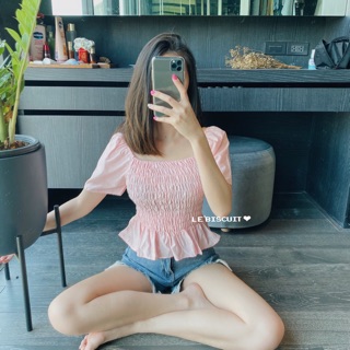 สลาฟสมอคแขนสั้น 💜 เสื้อคอเหลี่ยมเย็บไหล่ทรงดอลลี่ใส่แล้วน่าร๊ากกก