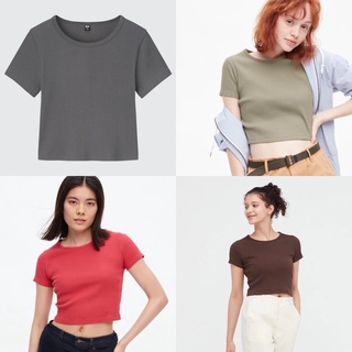 MADday - UNIQLO แท้💯 ครอป เสื้อยืด ผ้าคอตตอน คอกลม แขนสั้น (Ribbed)