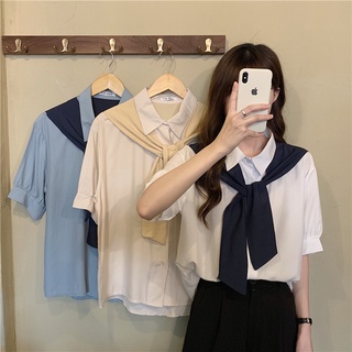 MUKOK เสื้อเบลาส์แขนสั้น ทรงหลวม สีคอนทราสต์ แบบบาง แฟชั่นฤดูร้อน แบบใหม่